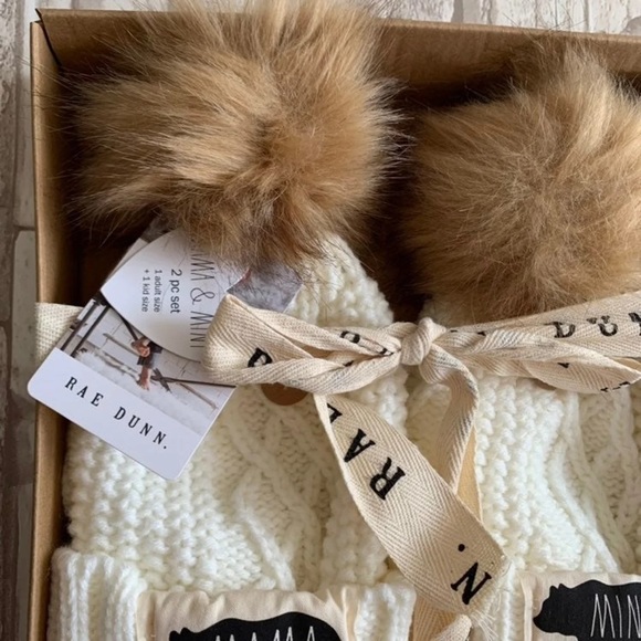 Rae Dunn Mamma and Mini Bear Matching Beanie with Faux Fur Pom - Picture 3 of 7